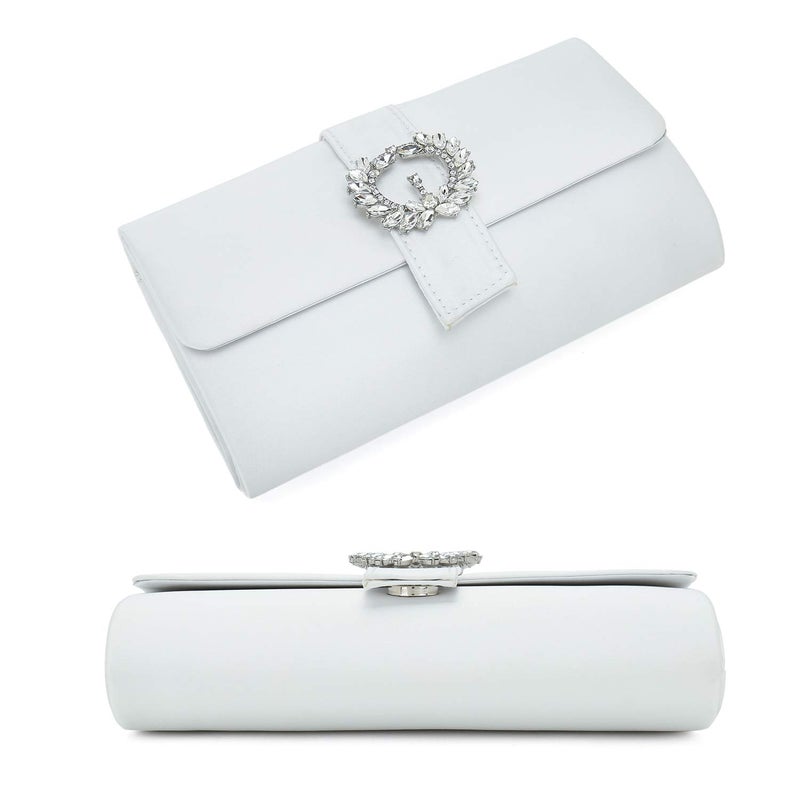 CHARMING TAILOR Evening Bag Diamantes Embellished Satin Clutch Purse for Woman Classy Party Handbag with Beaded Brooch (White) - Image 5